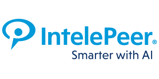 IntelePeer logo with a speech bubble icon, blue text, and tagline