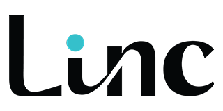 Logo for Linc, featuring black text with a teal dot and a curved line in the