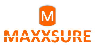 Logo of MaxxSure, orange and white. The word