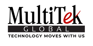 Logo for MultiTek Global, with black text, a red