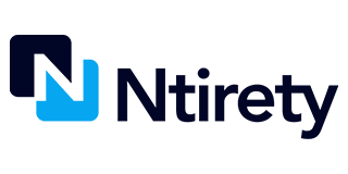 Logo with two overlapping squares, a navy blue and a light blue, with a white