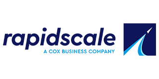 RapidScale logo: dark blue text, stylized upward arrow in a blue square. “A Cox Business Company” below.