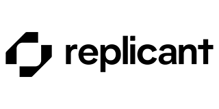 Logo for Replicant, a black geometric shape beside the word