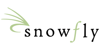 Logo with stylized green fly graphic and the word