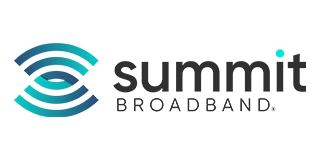 Summit Broadband logo with teal wave-like design and dark gray text. A teal dot sits above the