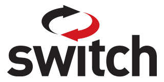 Logo for Switch, with a black and red curved arrow symbol above the word