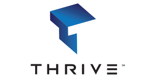 Blue and white Thrive logo; stylized blue T shape above word