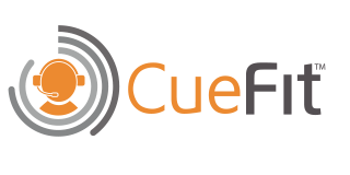 Logo of CueFit with an orange headset within gray soundwaves. The text