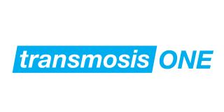 Logo for transmosos ONE, text in white with blue background.