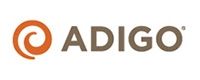 Logo for Adigo, featuring an orange swirl design and the word