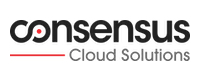 Consensus Cloud Solutions logo with black text and a red dot, underlaid by a red line.