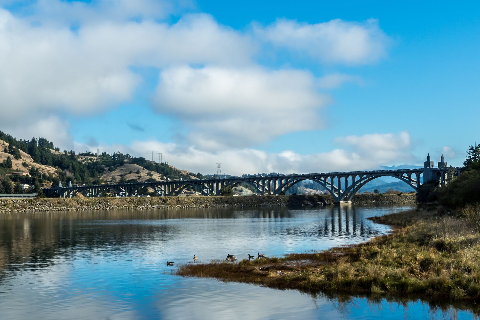Steel bridge over calm river with hillside homes and cloudy blue sky