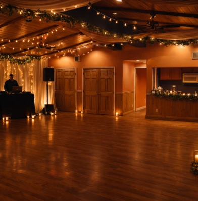 Warm-lit empty event hall with wood floors, string lights, draped ceiling, and a DJ booth.