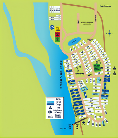 Color-coded campsite map with roads, buildings, water, and numbered plots.