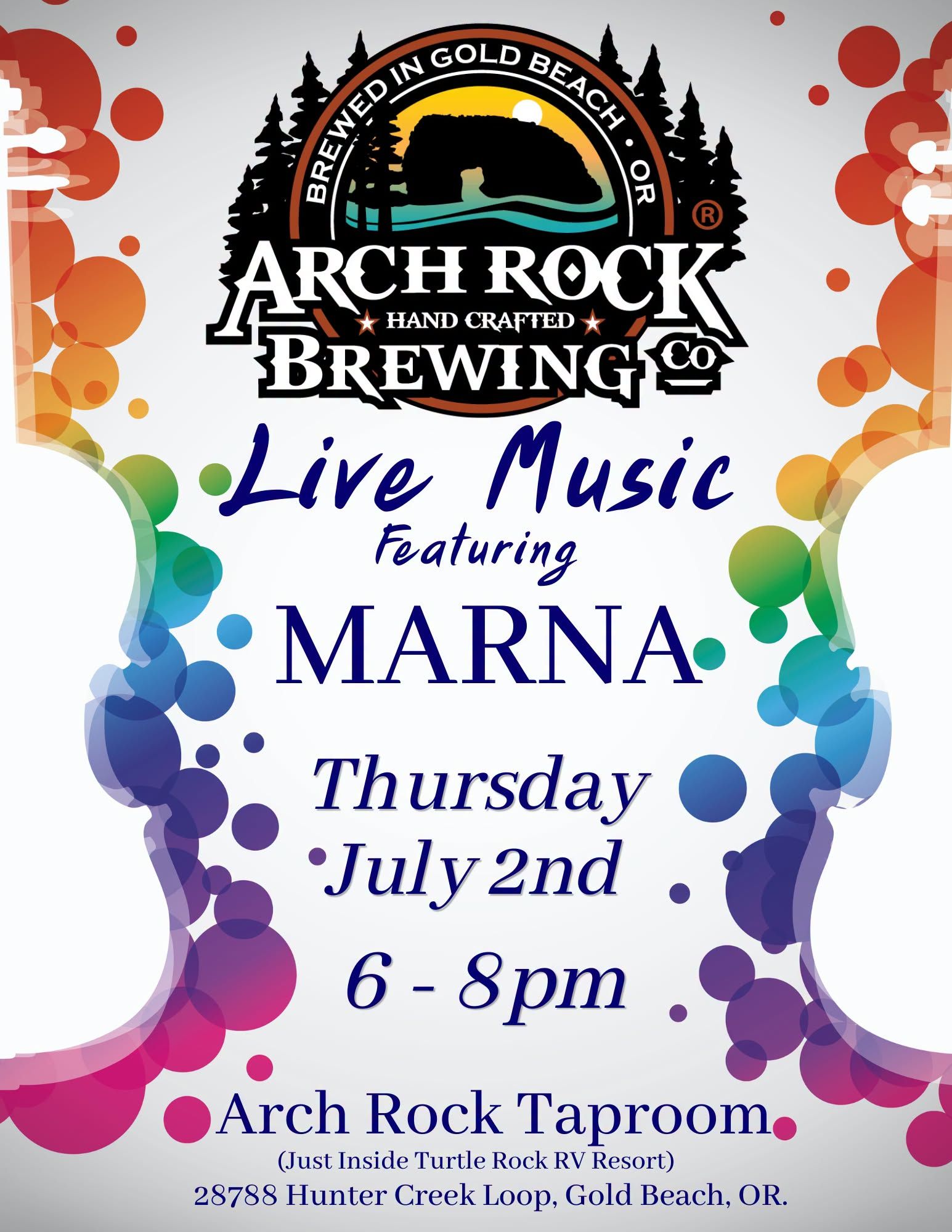 Arch Rock Brewing live music poster featuring Marna, Thursday July 2nd, 6–8pm, with colorful paint splashes