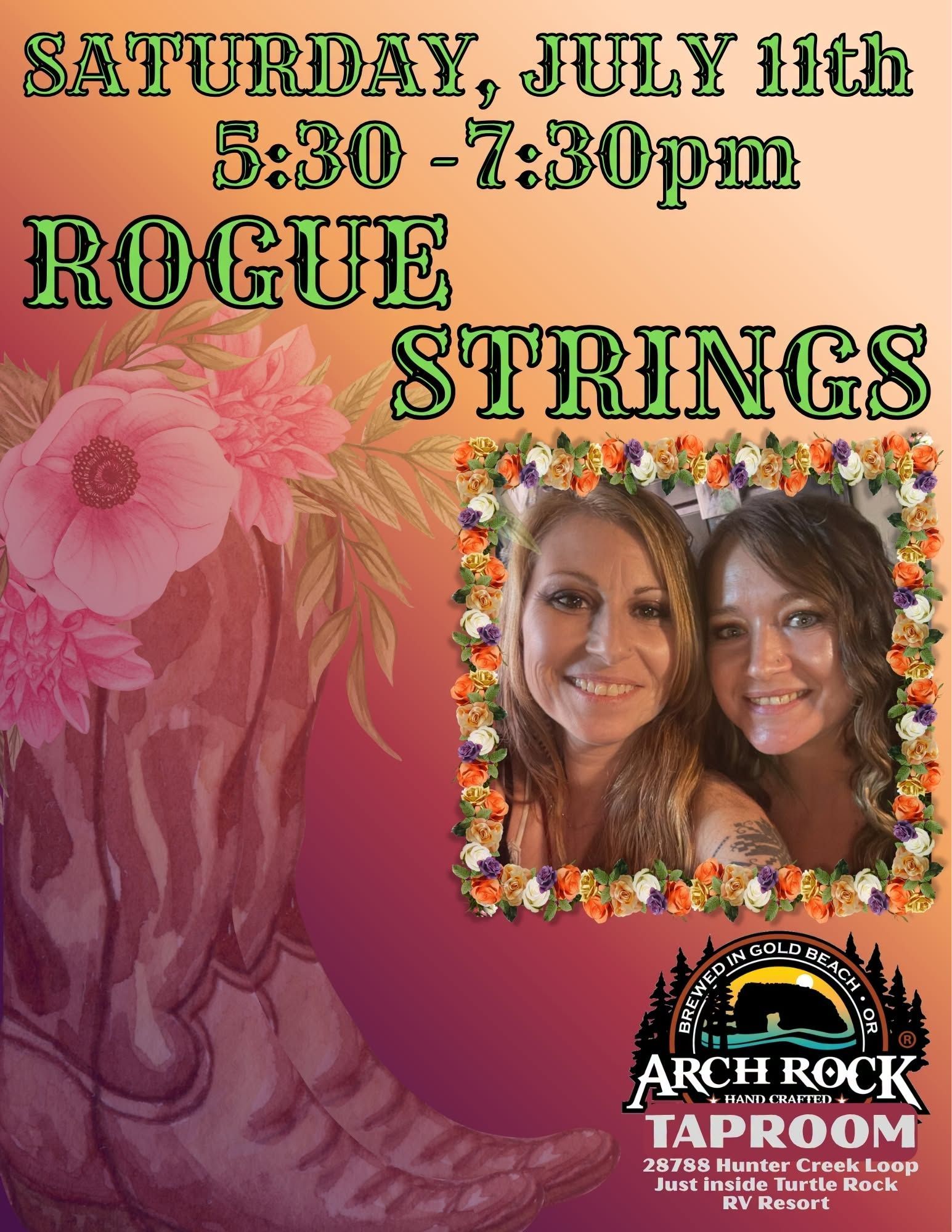 Saturday, July 11, 5:30–7:30 PM: Rogue Strings live at Arch Rock Taproom, floral poster with band photo