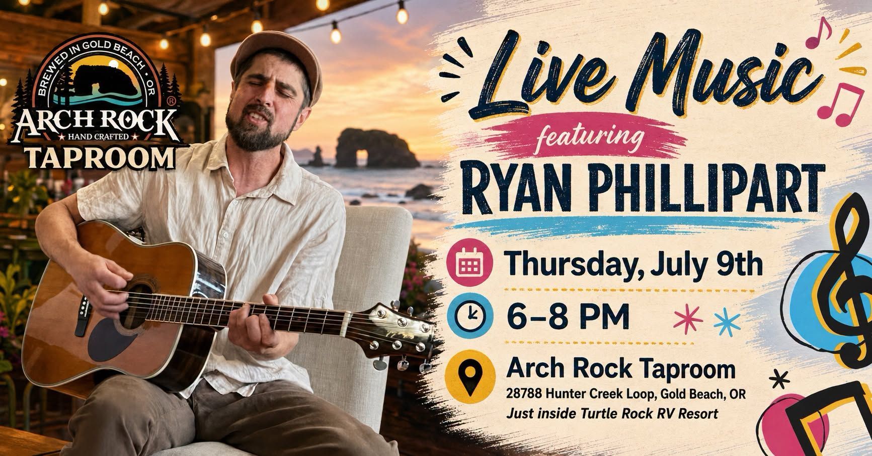 Live music featuring Ryan Phillipart at Arch Rock Taproom Thursday, July 9th, 6–8 PM