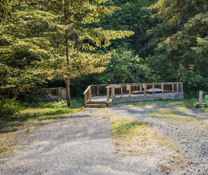 Gravel path leading to a small wooden bridge or viewing platform in a wooded park