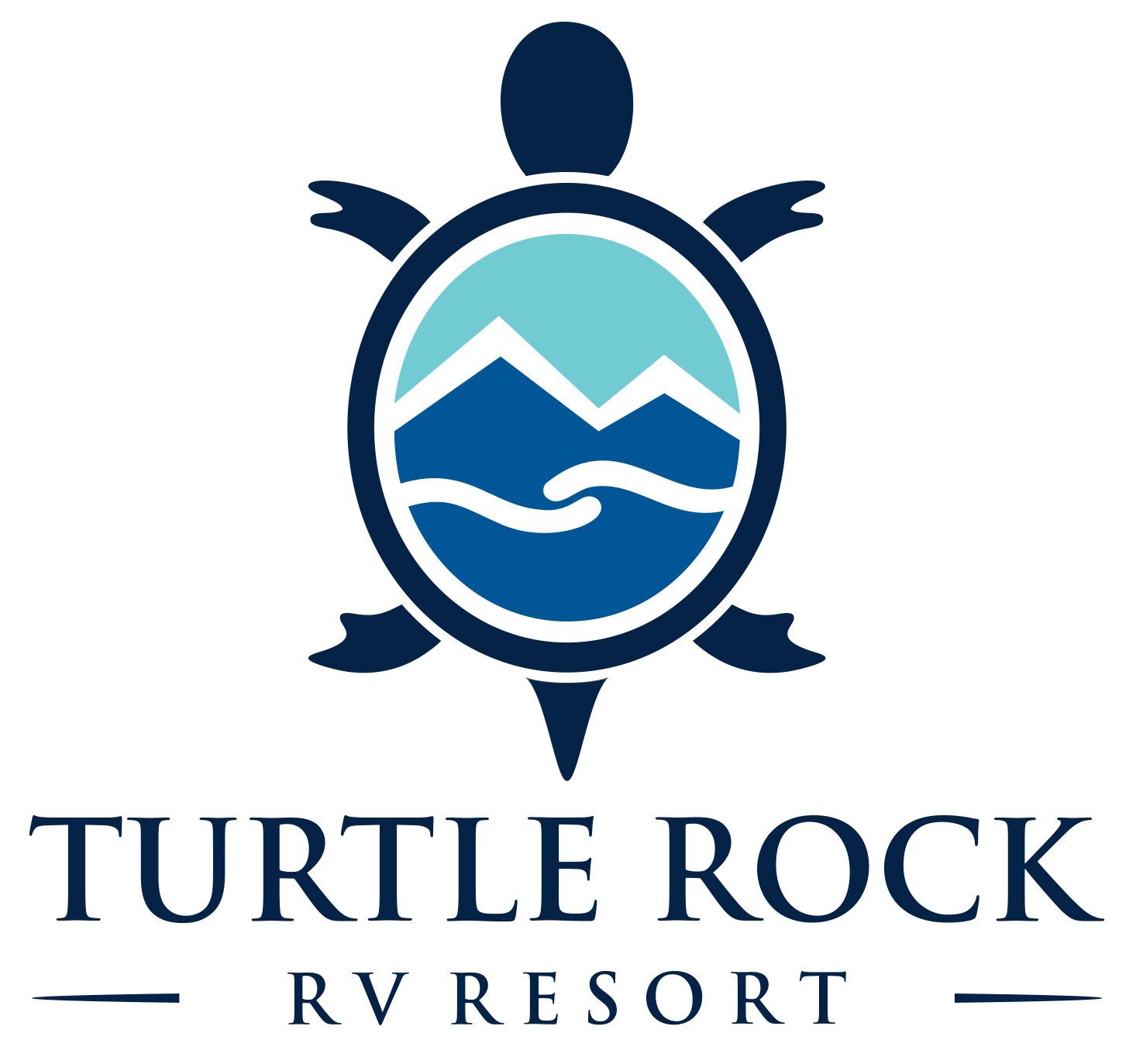 Turtle Rock RV Resort logo with blue turtle and mountain design above the resort name