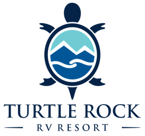 Turtle Rock RV Resort logo with a stylized turtle and mountain waves in blue and teal