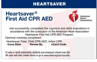 a card that says heartsaver first aid cpr aed