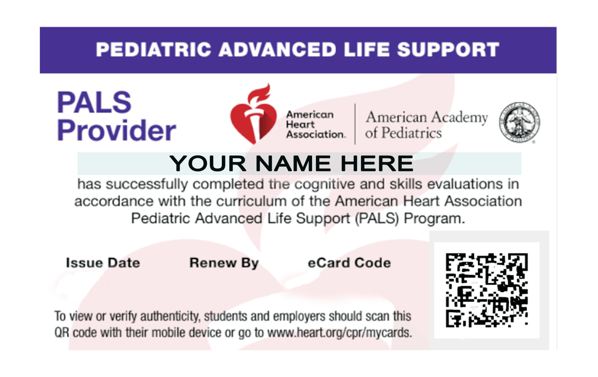 a pediatric advanced life support pals provider card with a qr code