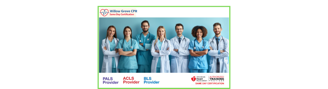 A group of American Heart Association BLS, ACLS, PALS healthcare professionals stand together.