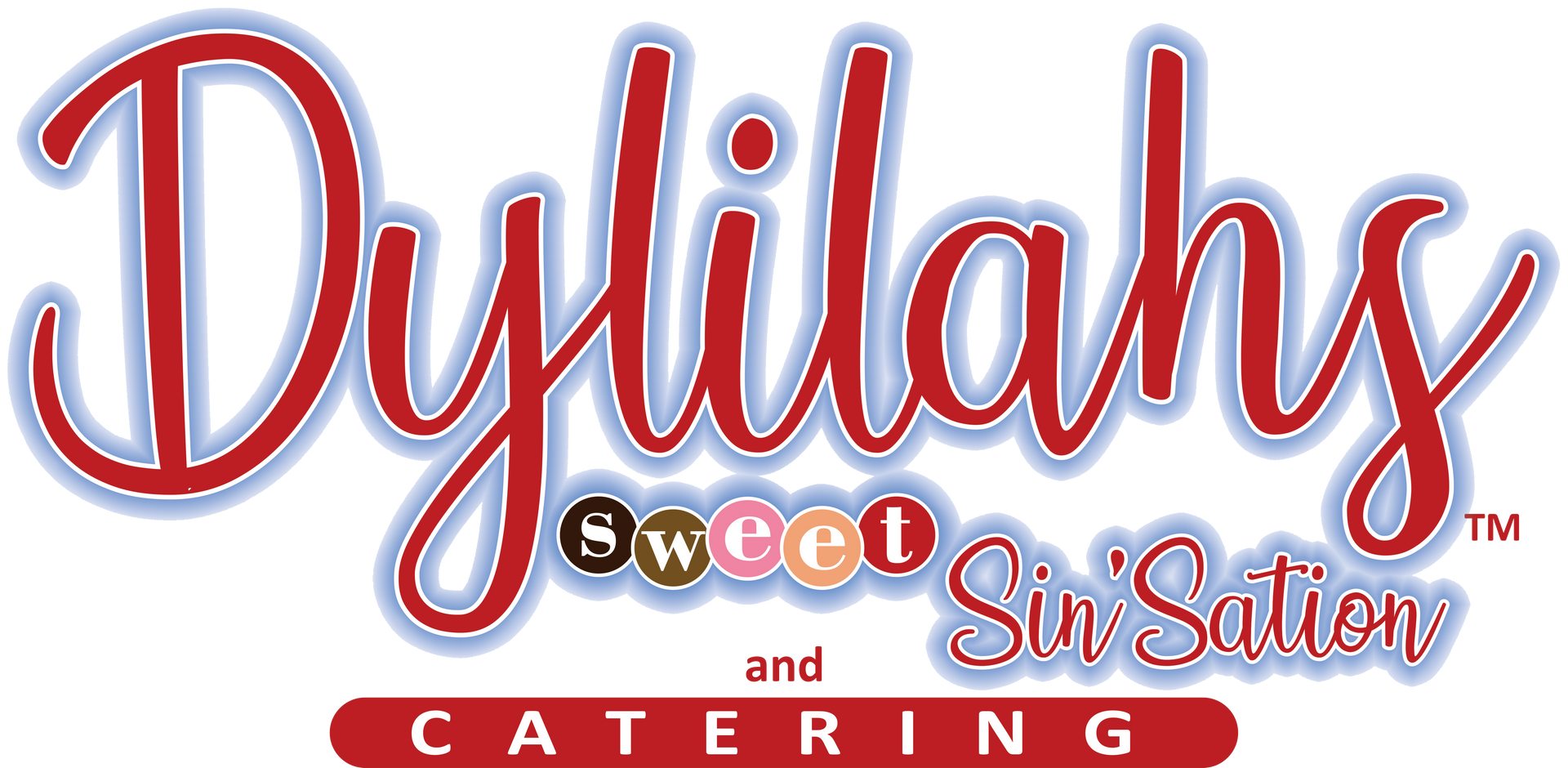 Dylilahs Sweet N Sassy Catering logo in red, white, and gold script on a white background