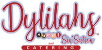 Dylilahs Sweet N Sassy Catering logo in red, white, and gold script on a white background