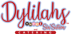Dylilahs Sweet N Sassy Catering logo in red, white, and gold script on a white background