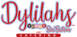 Dylilahs Sweet N Sassy Catering logo in red, white, and gold script on a white background