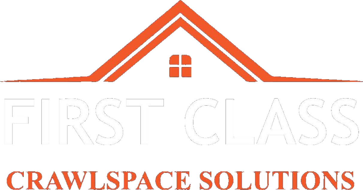 First Class Crawlspace Solutions logo with orange roof icon and gray and orange text