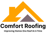 Logo for Comfort Roofing: Red and blue roof graphic, company name, tagline.