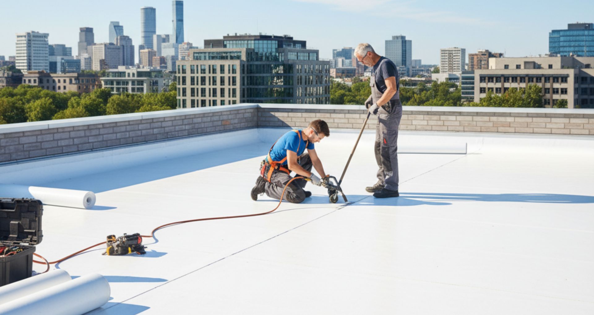 Two roofers installing a white roof on a building with a city skyline in the background.