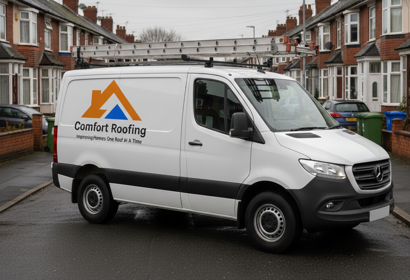 White Comfort Roofing van parked on asphalt; ladder on roof. Logo: red roof, blue triangle.