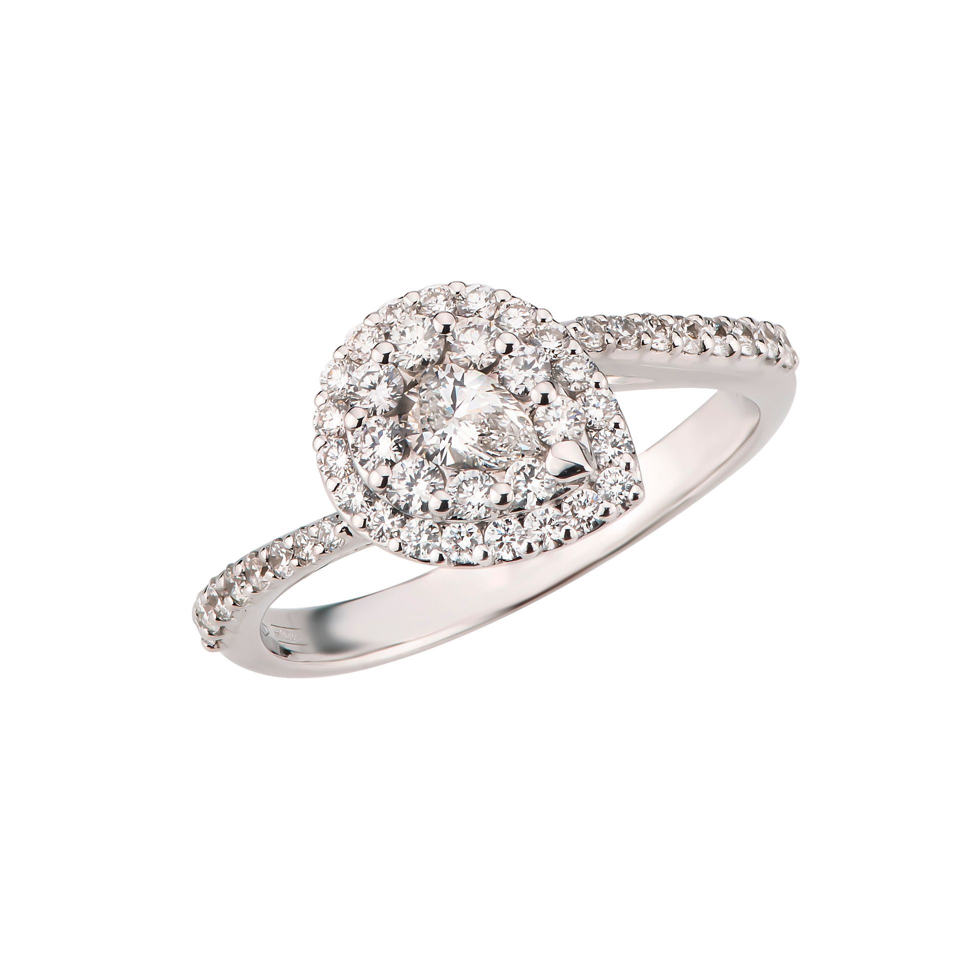 Anello di fidanzamento in platino con pavé di diamanti e dettaglio a goccia.
