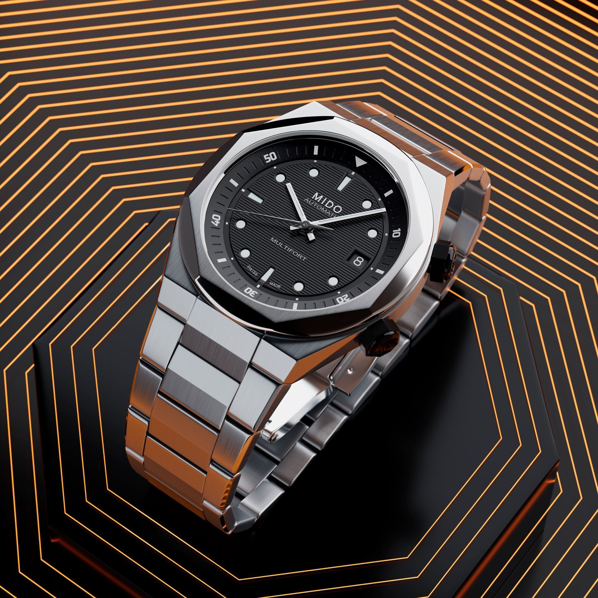 Orologio da polso argentato con quadrante nero su sfondo geometrico nero e arancione.