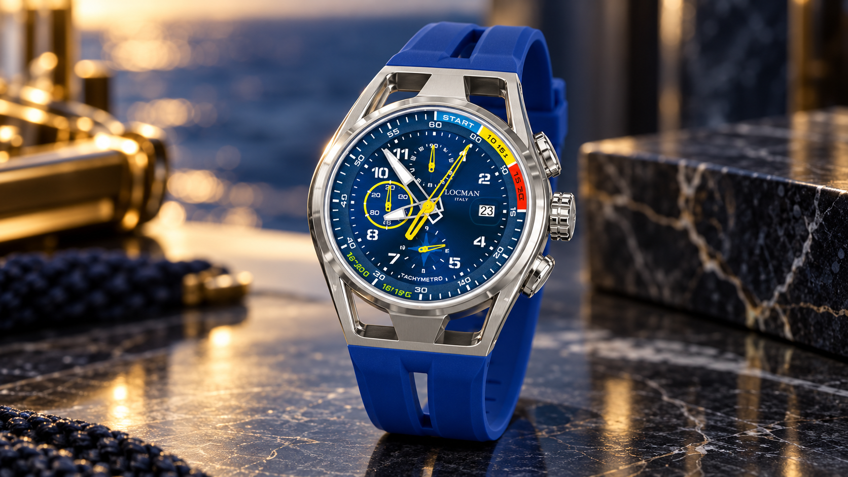Orologio da polso analogico blu con lunetta argentata su una superficie riflettente, illuminato da una luce calda in un’elegante esposizione