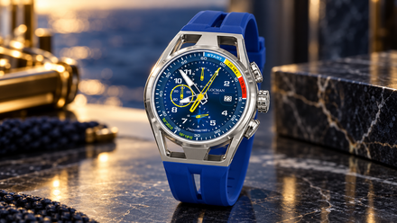 Orologio da polso analogico blu con lunetta argentata su una superficie riflettente, illuminato da una luce calda in un’elegante esposizione