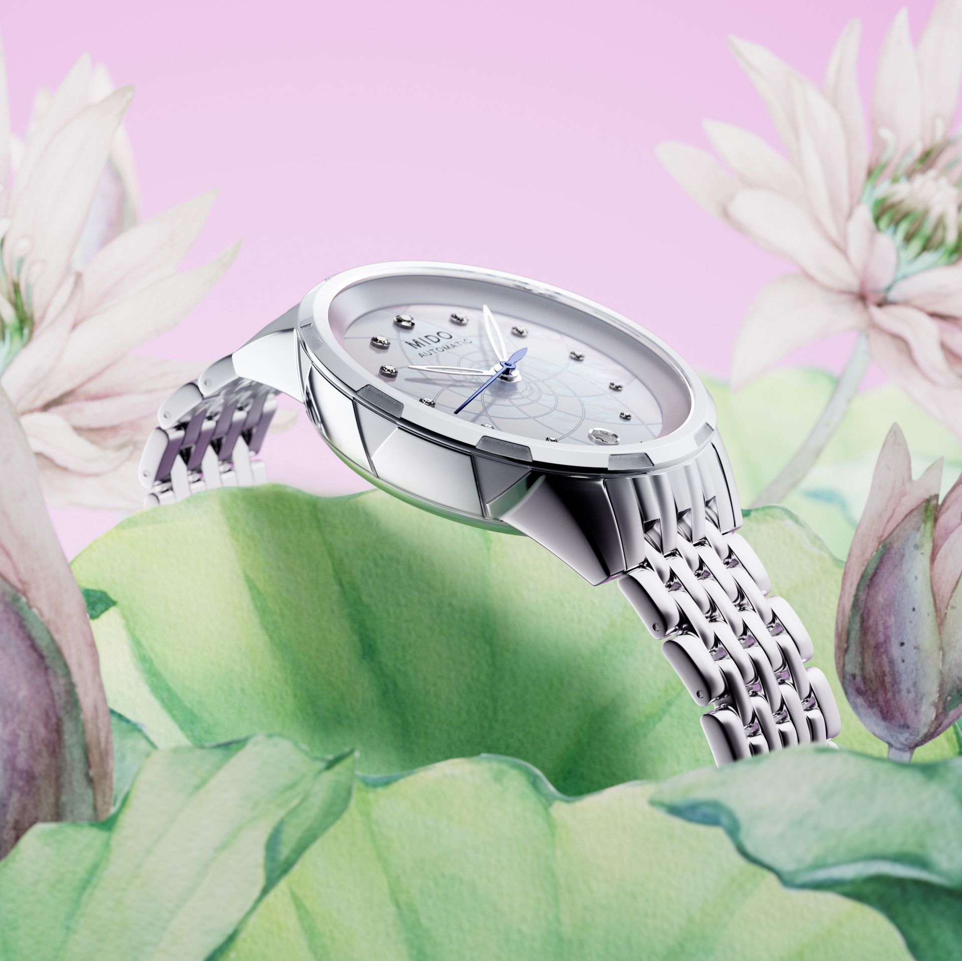 Orologio da polso argentato su foglie verde pastello con fiori bianchi su sfondo rosa