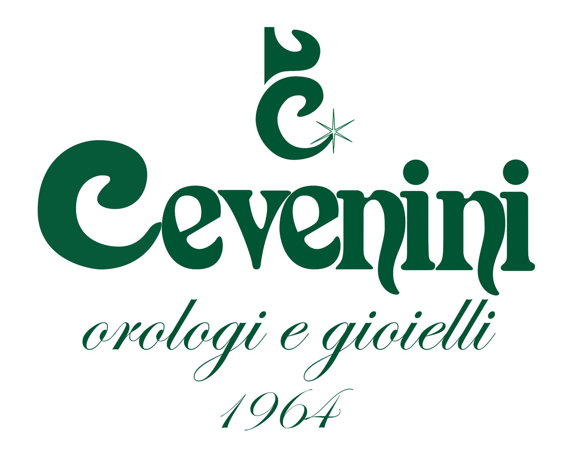 Logo Cevenini in verde scuro con la scritta “orologi e gioielli” e “1964” su sfondo bianco.