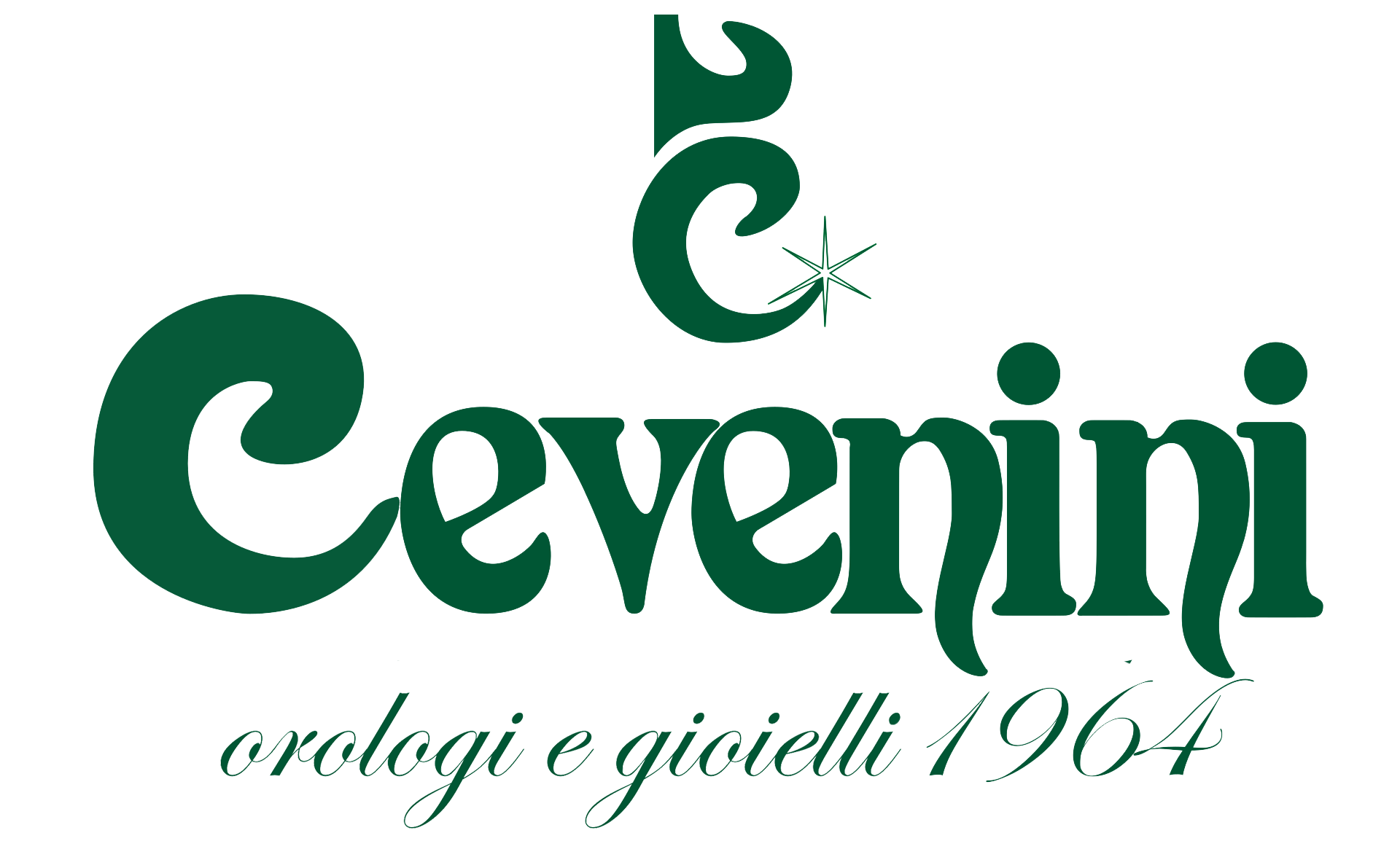 Logo Cevenini verde con emblema stilizzato e la scritta “orologeria e gioielli 1964