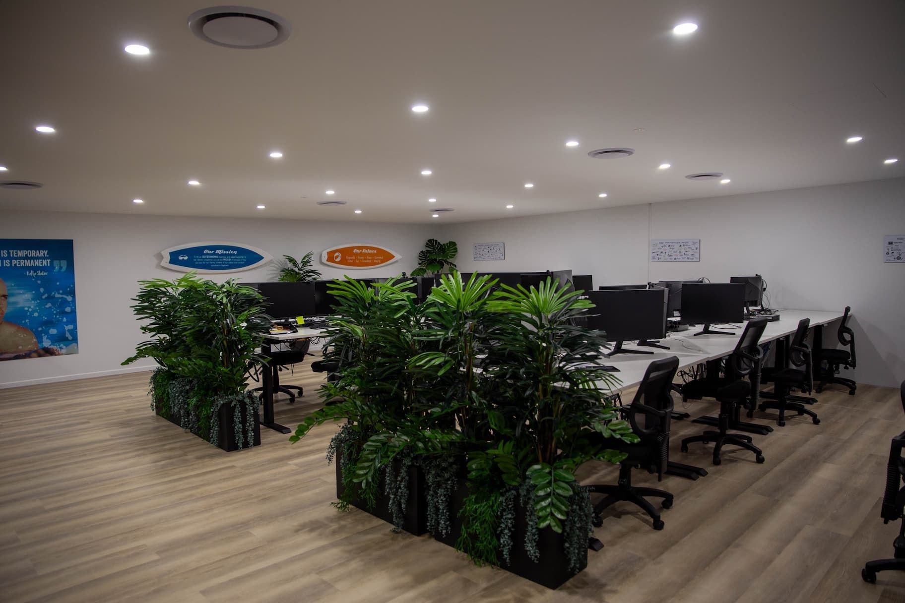Office workspace with desks, computers, and artificial plants. Bright lighting, wood flooring, and white walls.