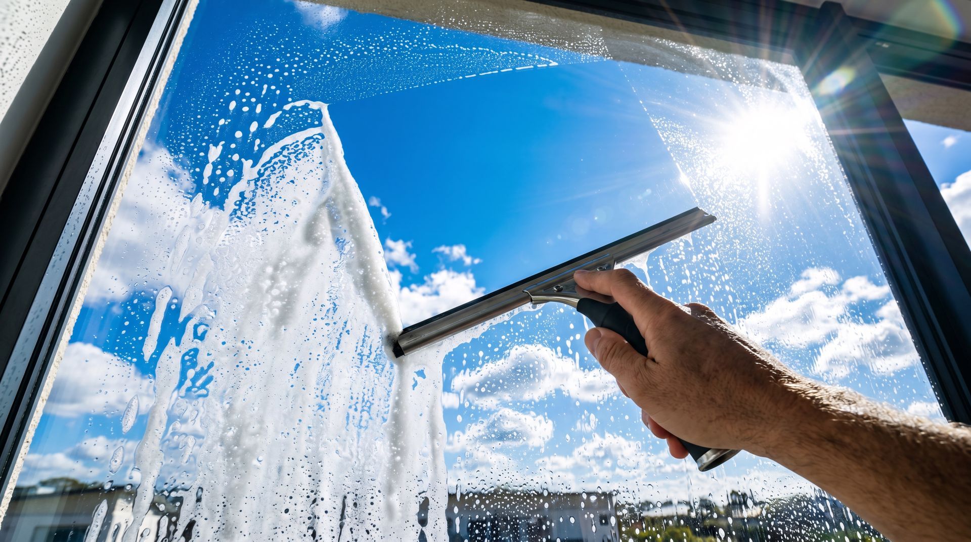 Squeegee wiping soapy water off a home window on a sunny blue-sky day.