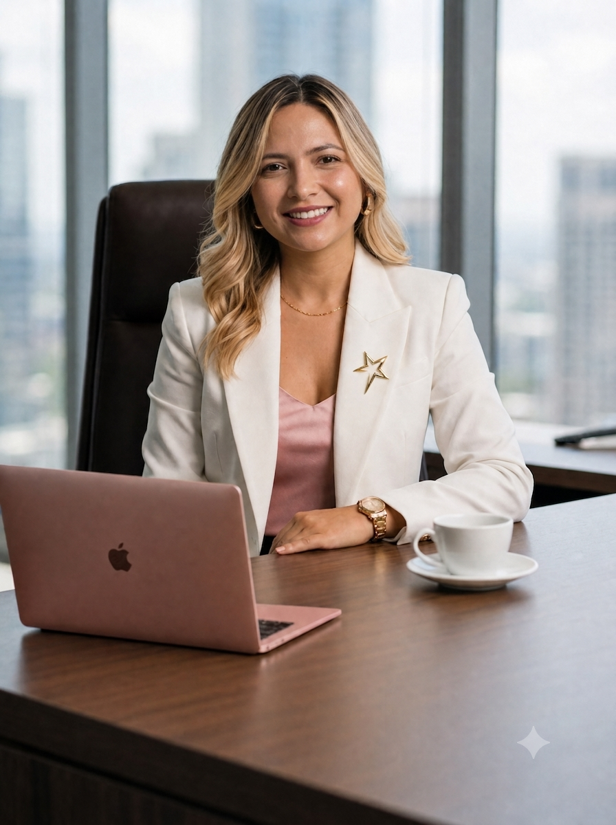 Smiling professional at a desk with laptop and coffee in a bright office setting