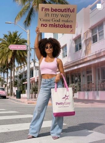 Woman in pink top and jeans holding a tote bag on a sunny street, with a sign reading “I’m beautiful in my way.”