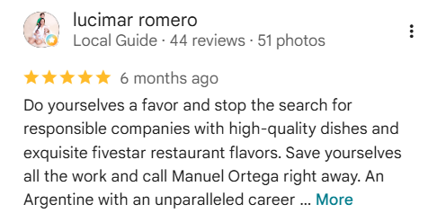 Google review praising a high-quality dish service, with text recommending Manuel Ortega for wedding catering