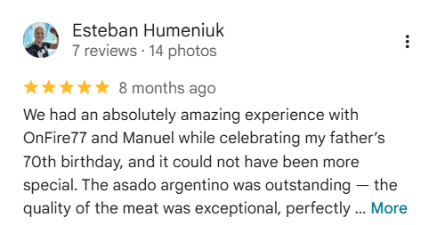 Google review praising OnFri77 for a 70th birthday celebration and excellent food