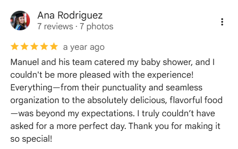 Positive restaurant review praising Manuel, his team, and the meal, with 5-star rating and “a year ago” timestamp