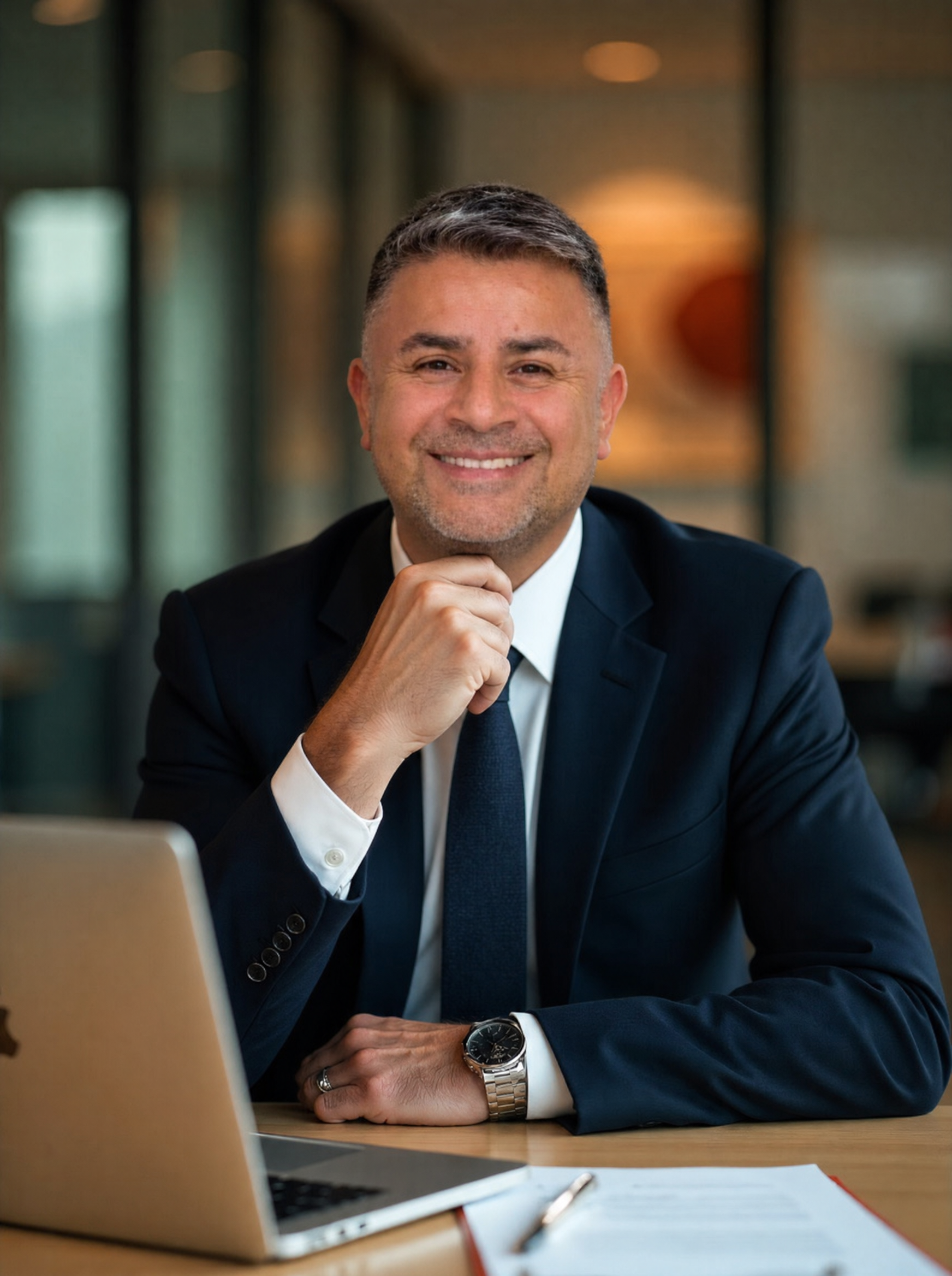 Smiling man in a dark suit seated at a desk with a laptop in a modern office